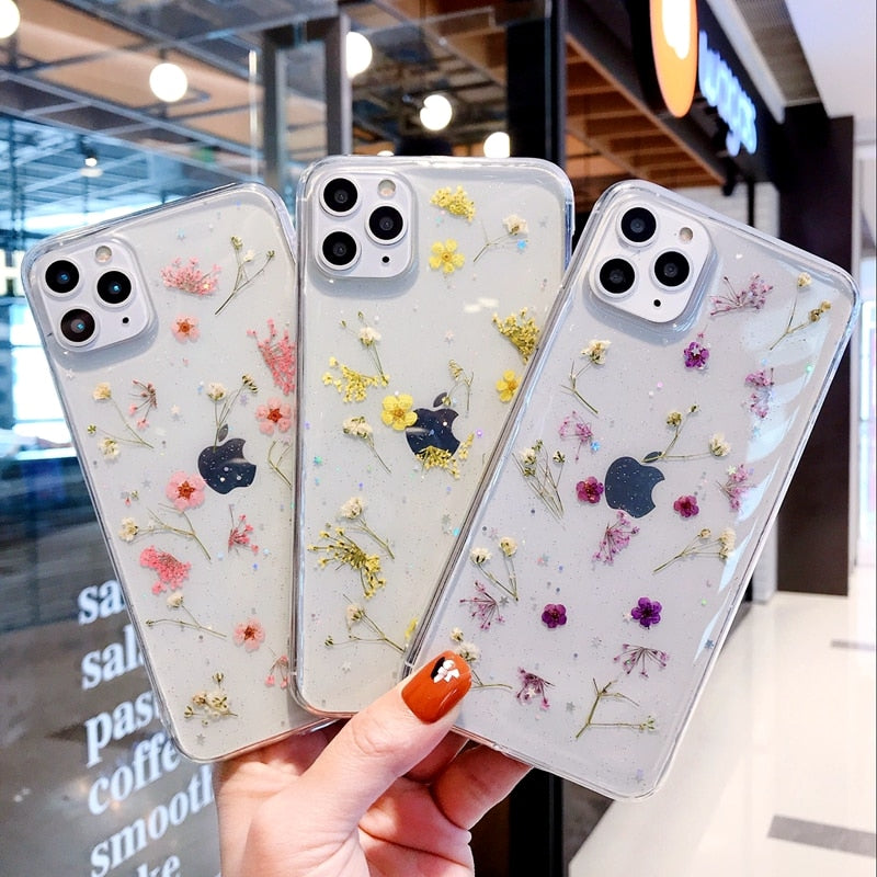 Gjennomsiktig iPhone deksel med ekte pressede blomster, botanisk design