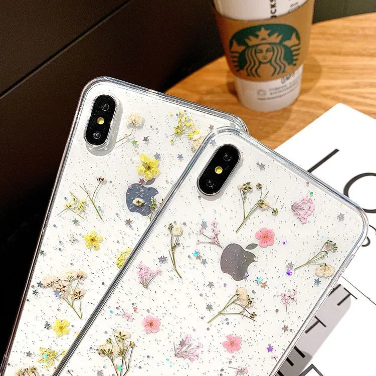 Støtsikkert iPhone harpiksdeksel med innebygde, ekte blomster, naturmotiv tilbehør