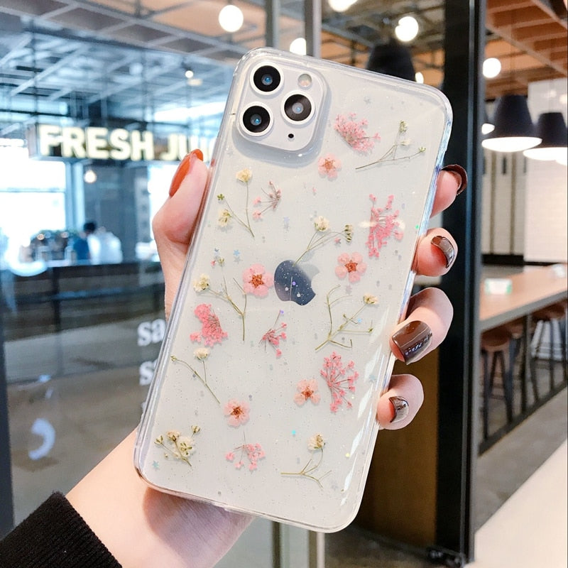 Gjennomsiktig harpiks iPhone deksel, støtsikkert, med blomstermønster, for naturelskere