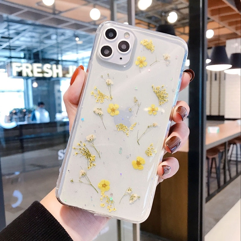 Klart iPhone deksel med ekte pressede blomster, botanisk tilbehør, trendy