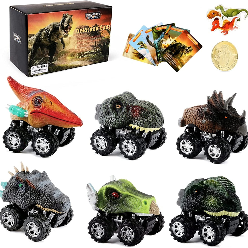Trekkbakover dinosaurbil for barn, robust lekebil med trekkfunksjon for fantasifull lek.