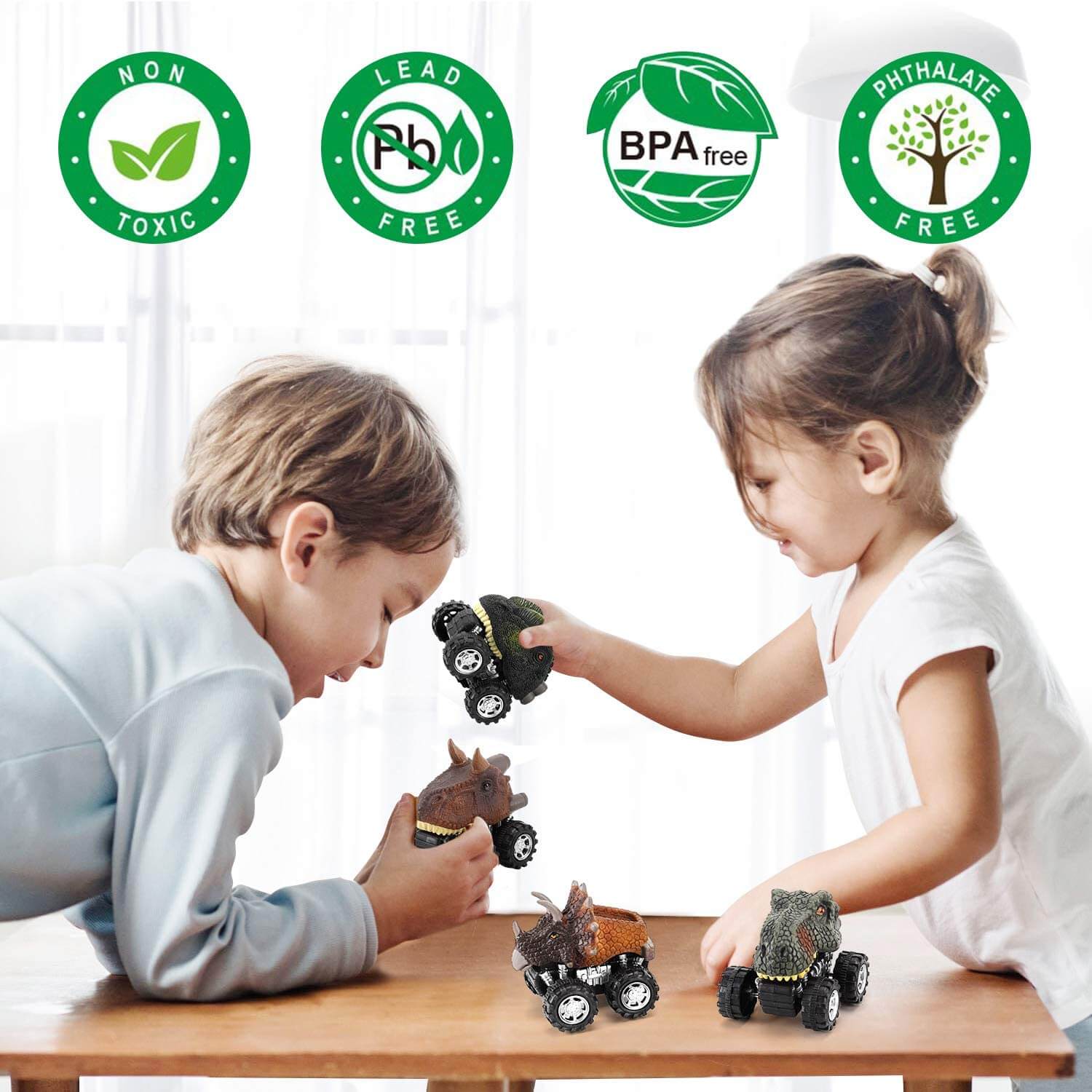 Spennende barneleke: grønn trekkbakbil med dinosaur, perfekt for kreativ og pedagogisk lek.