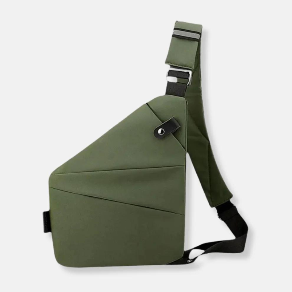 Nærbilde av det vanntette stoffet på den tyverisikre crossbody-vesken, fremhever holdbarhet.