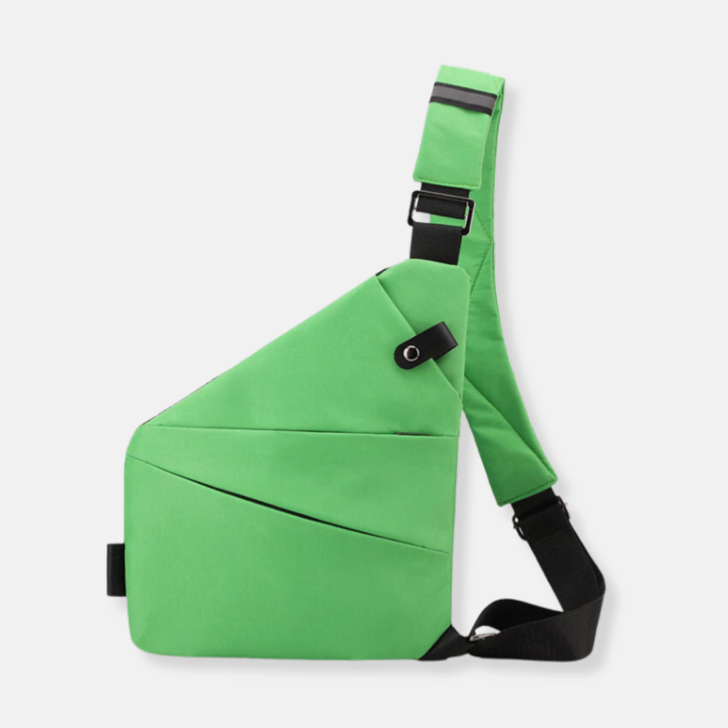 Detaljbilde av tyverisikre glidelåser på en svart unisex crossbody-veske, fokus på sikkerhetsfunksjoner.