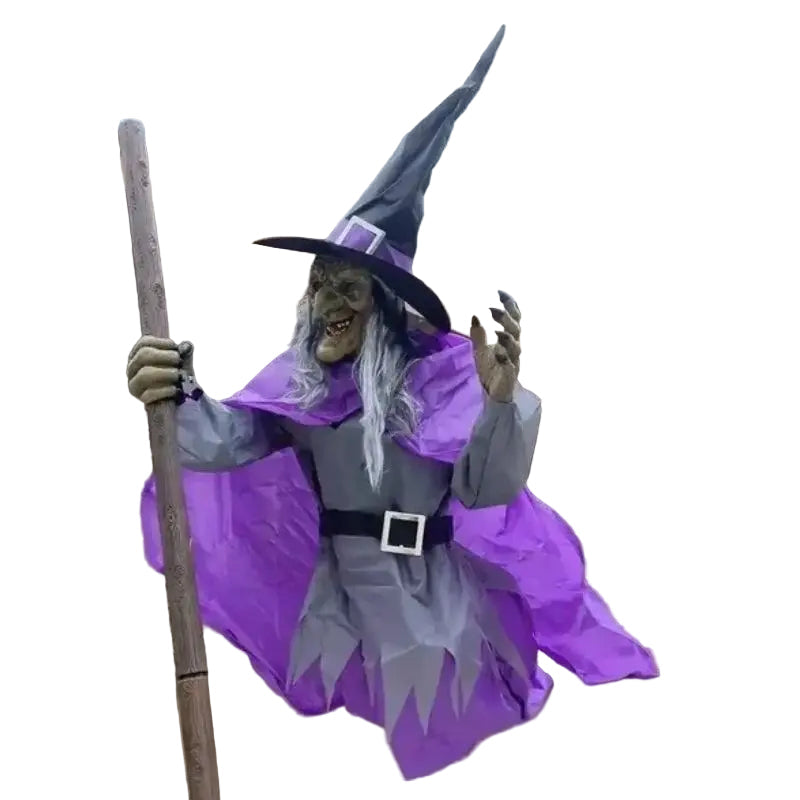 Uhyggelig flygende heks Halloween-dekorasjon med lyd og lys. Perfekt for skremmende utendørs/innendørs fest.