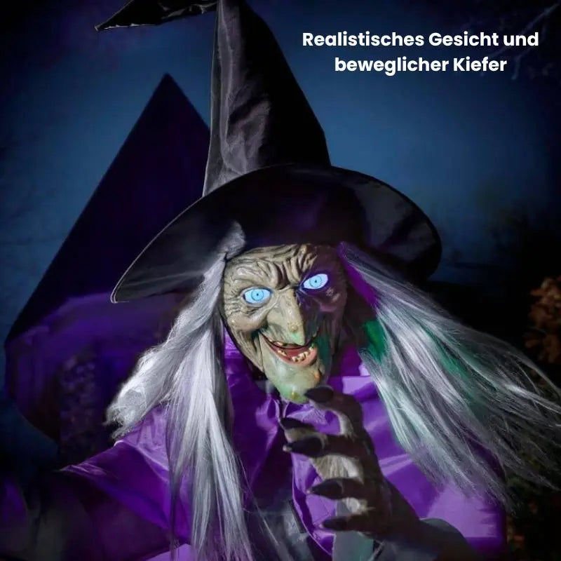 Halloween-rekvisitt: Flygende heks med lyd og lys, ideell for utendørs eller innendørs skrekkdekorasjon.