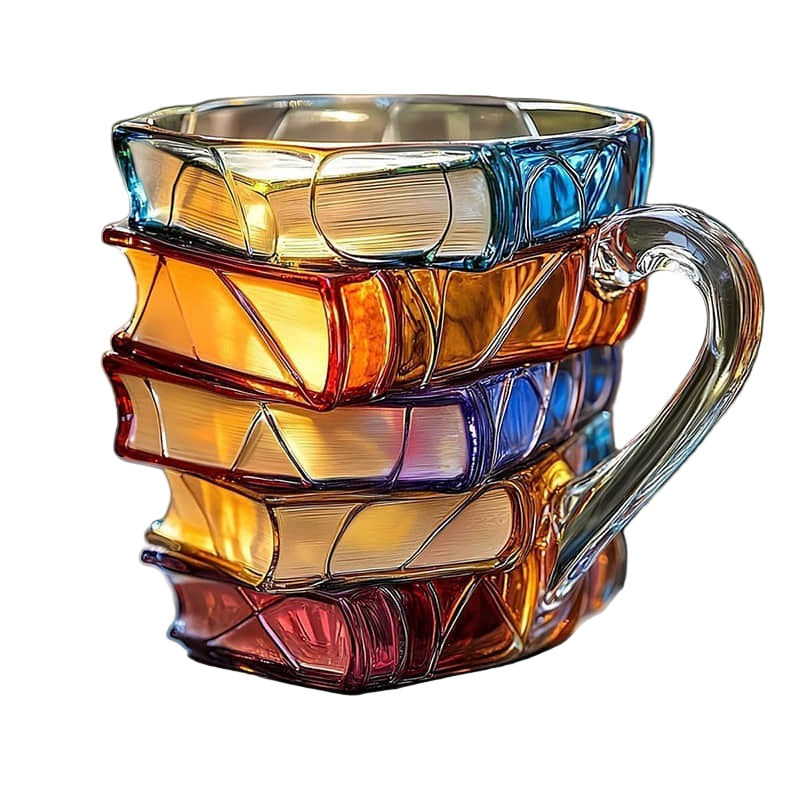 Unik bokformet kaffekopp i borosilikatglass. Håndlaget tekopp, perfekt gave til bokelsker. Dekorativ.