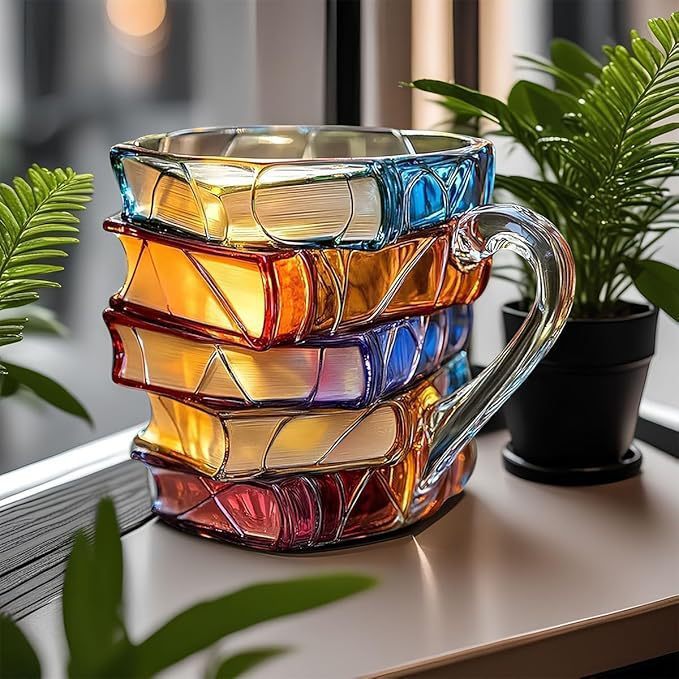 Elegant bokkopp for kaffe og te. Ideell bokelskergave i slitesterkt borosilikatglass. Håndlaget unik kopp.