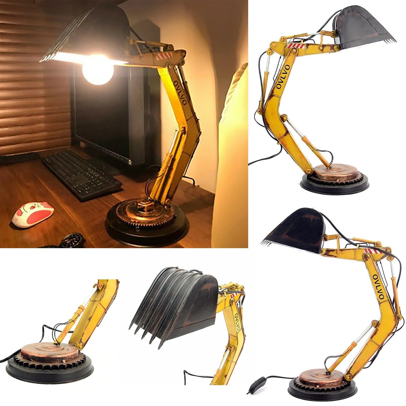Detaljert gravemaskin bordlampe i gul farge, med LED-lys. Unik dekorasjon i industriell stil.