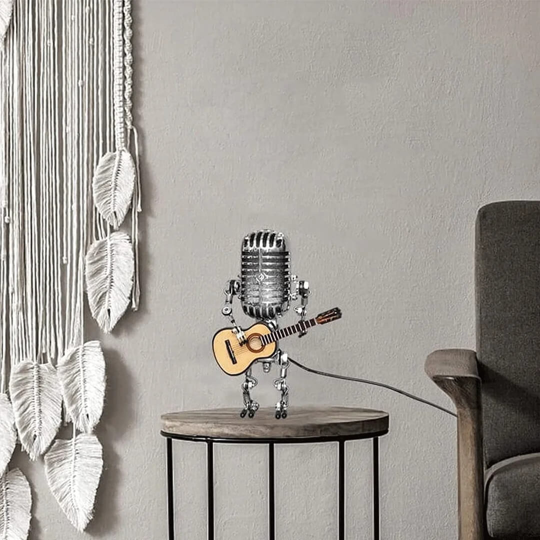 Elegant mikrofonrobot skrivebordslampe med integrert, justerbar LED-belysning, sort base, retro-look.