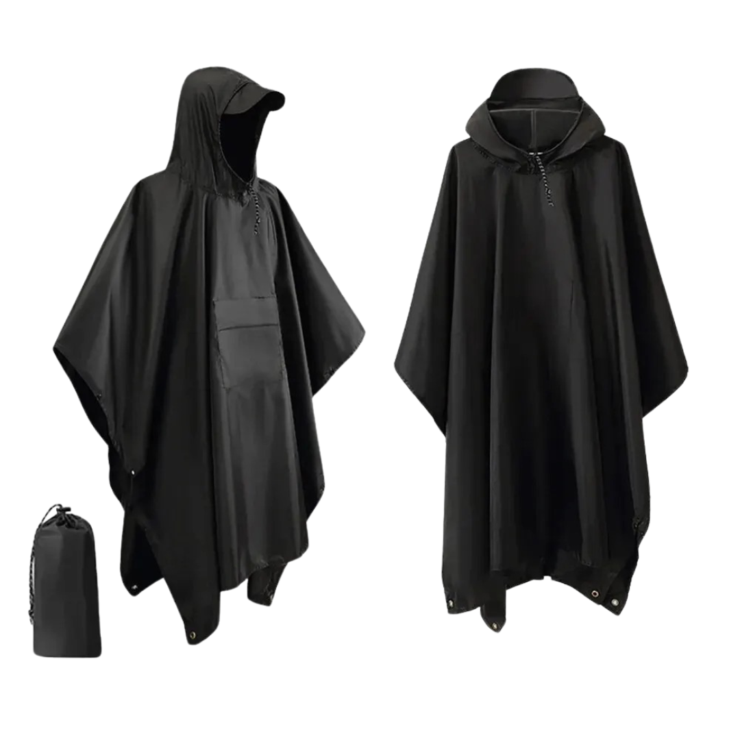 3-i-1 regnponcho for camping og uteliv; kan brukes som tarp eller underlag. Gjenbrukbar regnbeskyttelse.