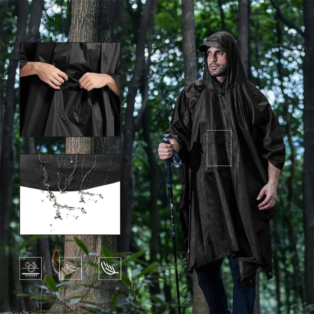 Gjenbrukbar regnponcho for motorsykkel, fotturer og friluftsliv. Vanntett unisex regnfrakk og turutstyr.