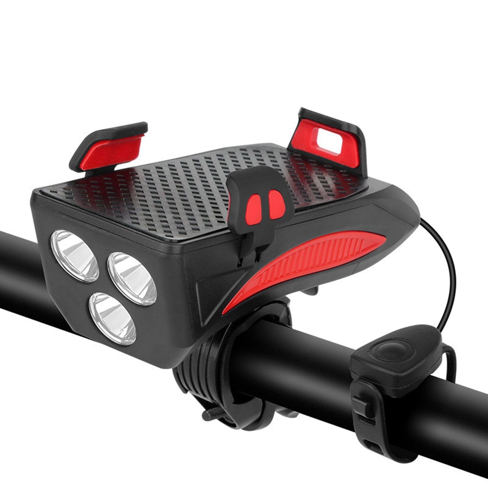 Praktisk mobilholder og lys for sykkel, med innebygd powerbank og sykkelklokke. USB-lading for alle turer.