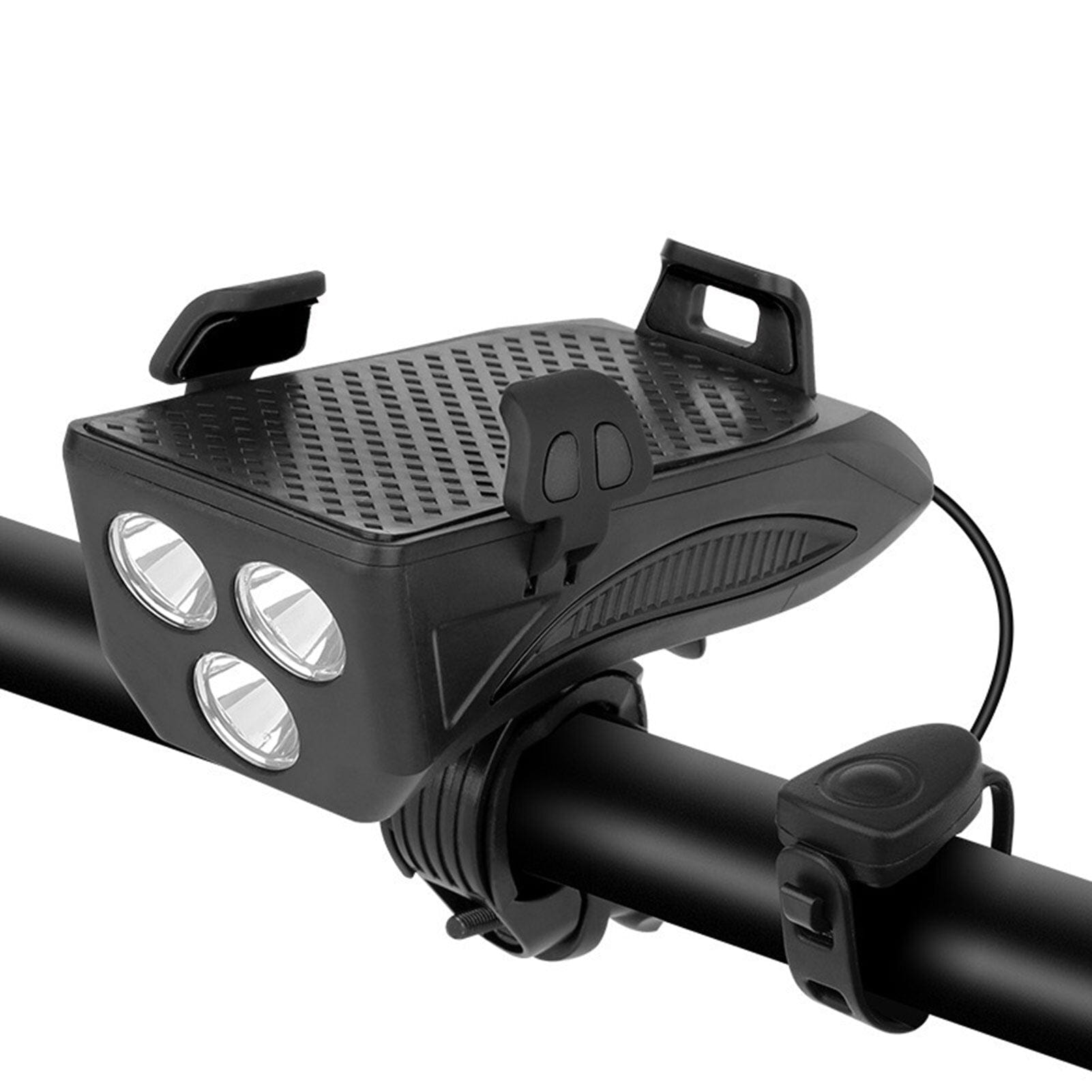 Essentials for syklister: LED-lampe, mobilholder, powerbank og elektronisk klokke. Forbedrer sykkelsikkerhet og komfort.