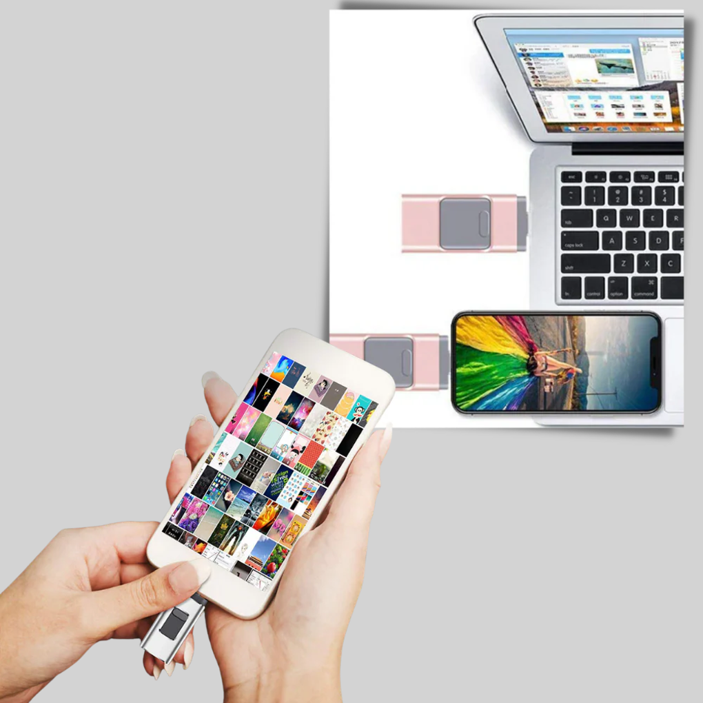 Unisex 4-i-1 USB minnepinne for datalagring, med USB-C, Lightning, Micro-USB og USB-A.