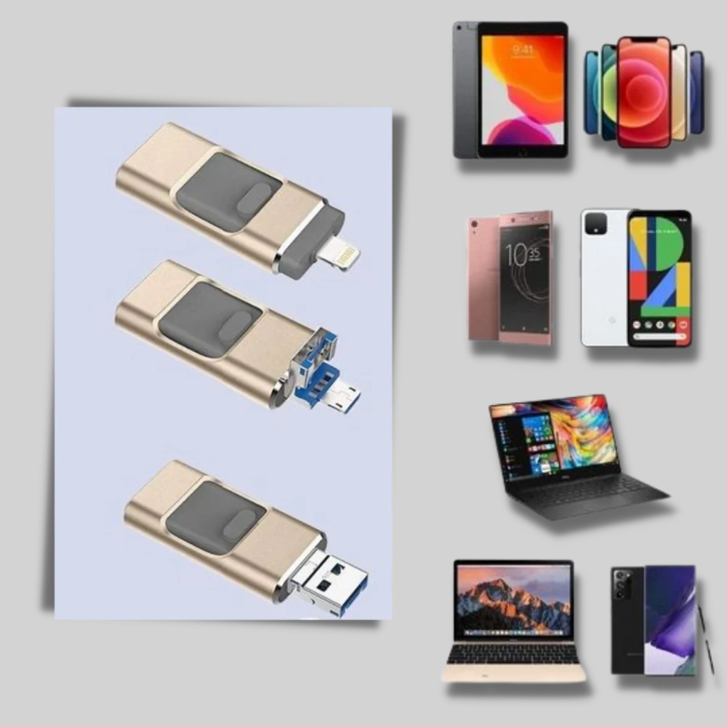 Allsidig mobil tilbehør: 4-i-1 USB minnepinne for enkel filoverføring mellom telefon, nettbrett og PC.