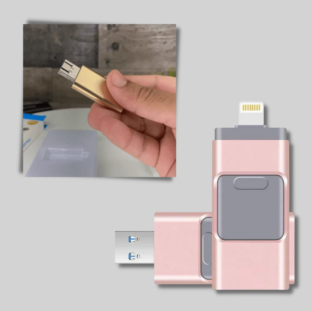 4-i-1 USB minnepinne med Lightning, USB-C, Micro-USB, USB-A for universell filoverføring.