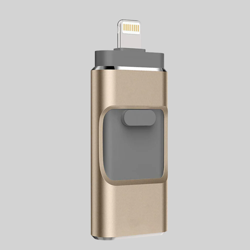 Multifunksjonell USB minnepinne: Én enhet for alle datalagringsbehov via USB-C, Lightning, Micro-USB, USB-A.