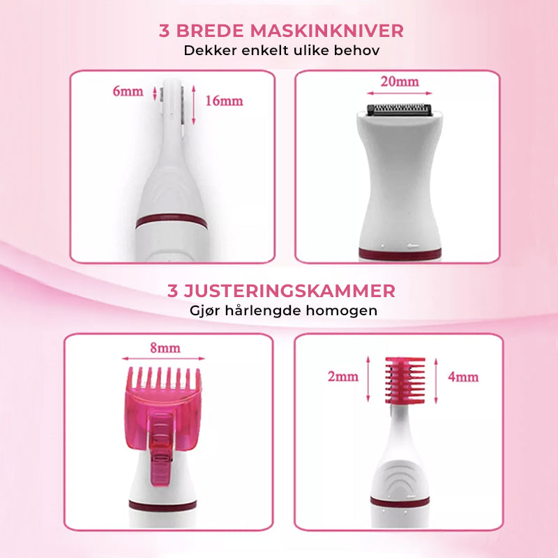 Praktisk oppladbar epilator for unisex bruk. Inkluderer 5 funksjoner for komplett hårfjerning og kroppspleie.