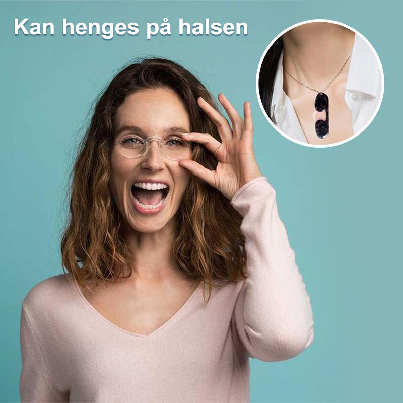 Kvinnelig modell demonstrerer de lette armløse multifokus lesebrillene for enkel bruk.