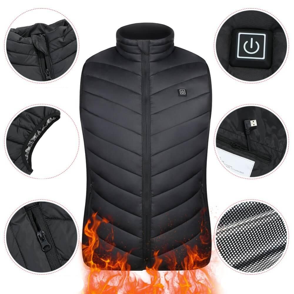 Unisex oppvarmet vest i sort for menn og kvinner, ideell for vinter og utendørsaktiviteter