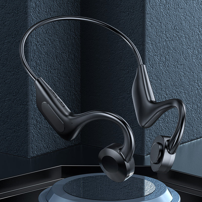 Bluetooth benledning headset, svettesikkert design, ideelt for trening og aktivitet.