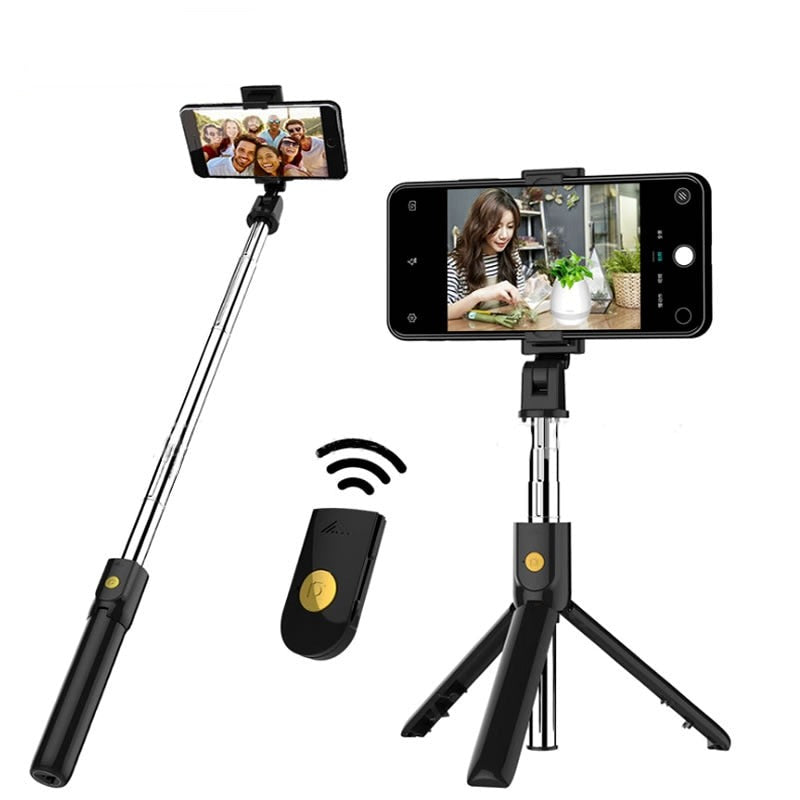 Trådløs Bluetooth selfiepinne med integrert stativ. Enkel å koble til smarttelefon for fjernstyrt fotografering.
