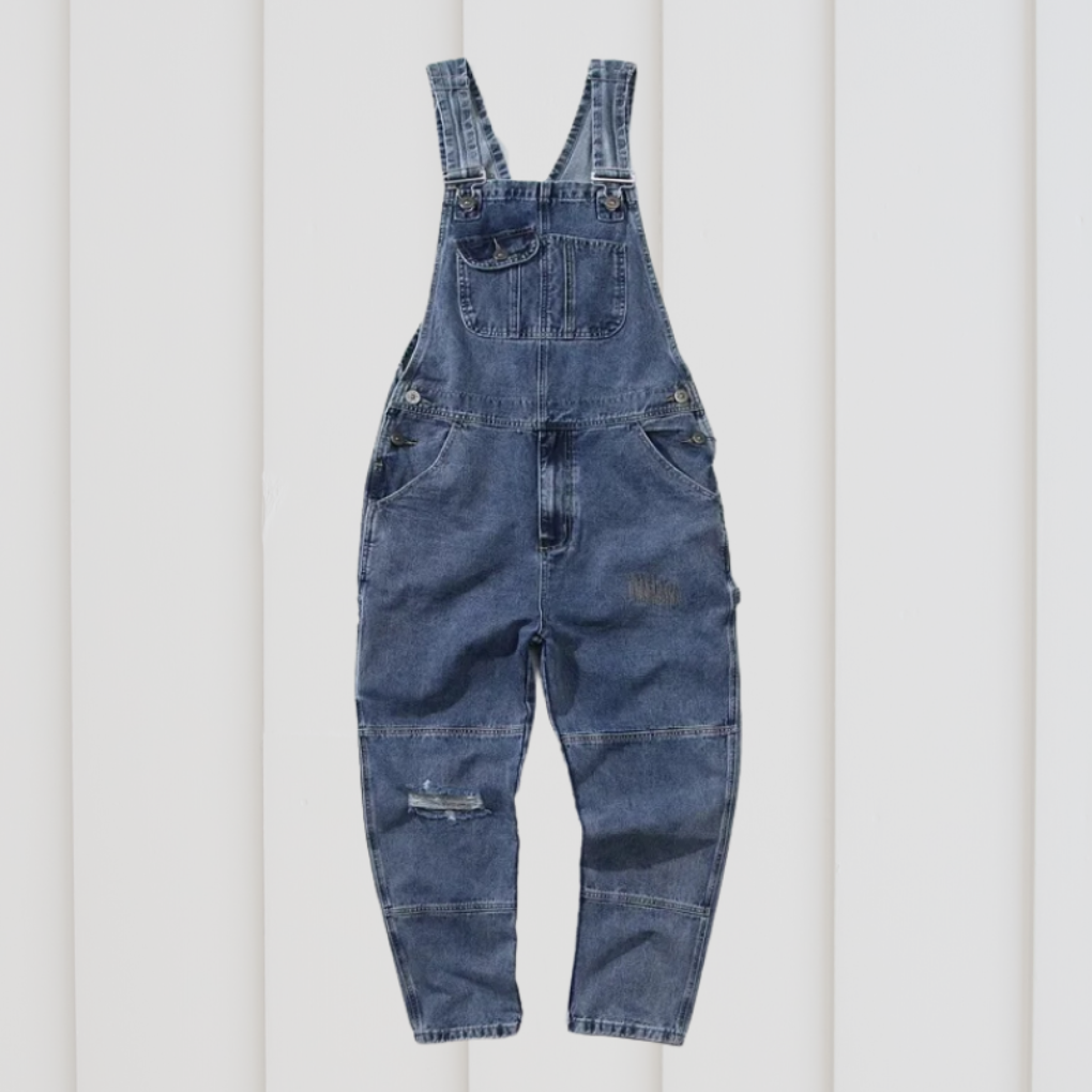Blå unisex snekkerbukse for hagearbeid, funksjonelle og slitesterke hageklær med mange lommer for verktøy.