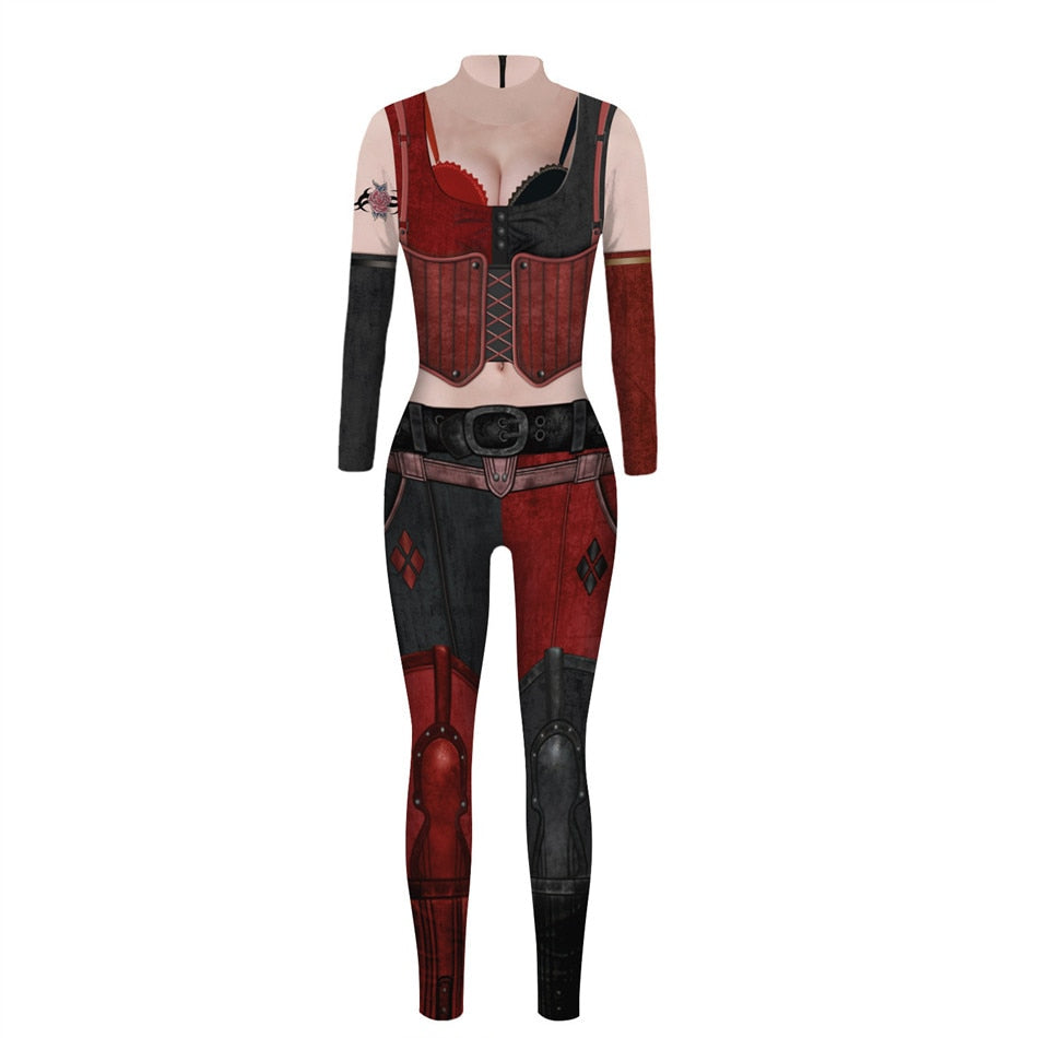 Unisex Harley Quinn kostyme for voksne, komplett med jakke, shorts og tilbehør, perfekt til Halloween og cosplay.