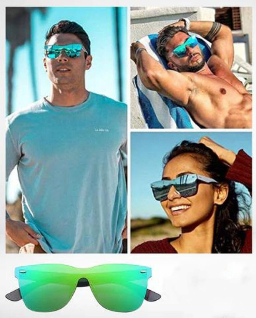 Moderne rammeløse Infinity solbriller. Fargede linser med UV400. Unisex mote-tilbehør for en trendy look.