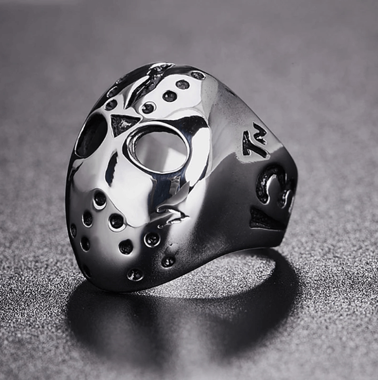 Gotisk Jason Maske ring i rustfritt stål. Unisex skrekk smykke for Fredag den 13. fans.