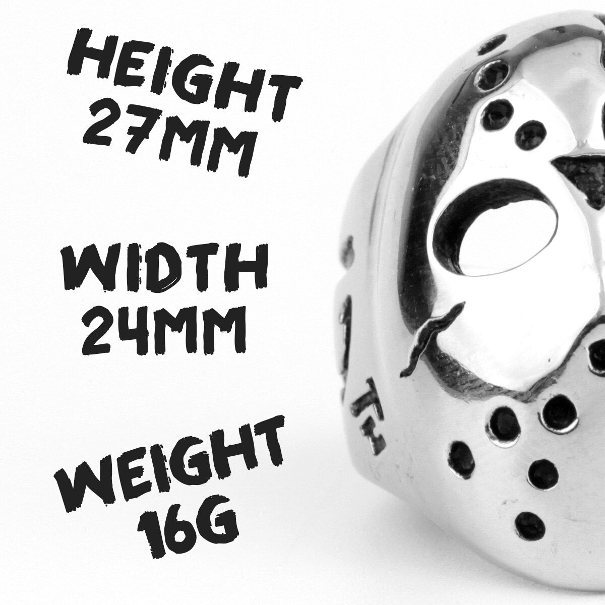 Rustfritt stål Jason Maske ring fra siden. Et unikt filminspirert smykke, ideelt for Halloween.