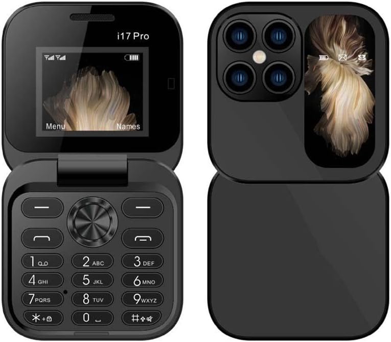 Unisex sammenleggbar mobiltelefon sort med knapper, HD-kamera og lommelykt, åpen.