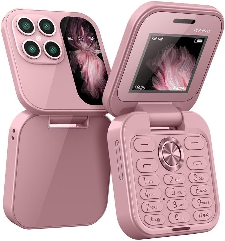 Kompakt Dual-SIM sammenleggbar mobiltelefon med HD-kamera og FM-radio holdt i hånden.