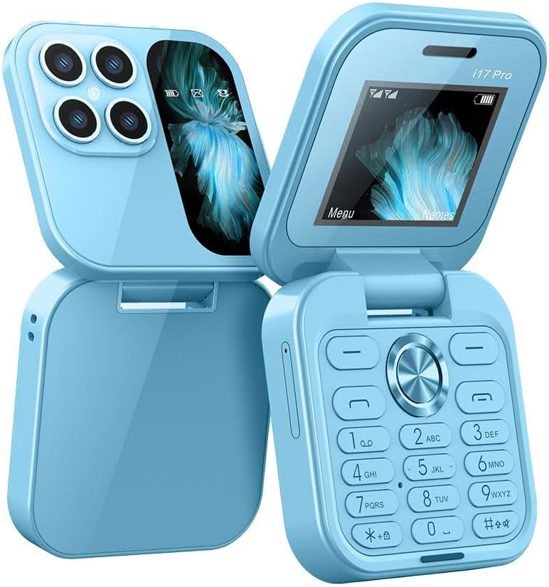 Sammenleggbar mobiltelefon lukket, viser kompakt design og robust kabinett, ideell for reise.