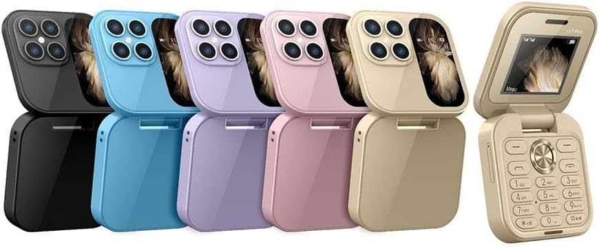 Multimedia sammenleggbar mobiltelefon med Dual-SIM-funksjon og Bluetooth, viser menyikoner.