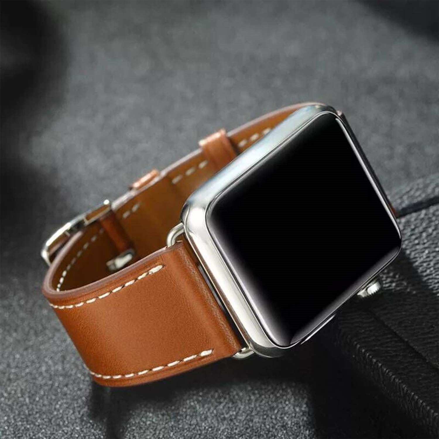 Detaljvisning av kunstlærarmbånd i grått for Apple Watch, smartklokketilbehør mote