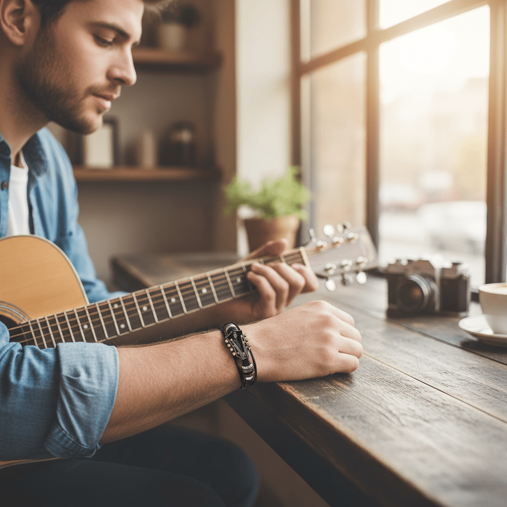 Svart unisex lærarmbånd med gitarstil, rocke-inspirert og justerbart for perfekt passform.