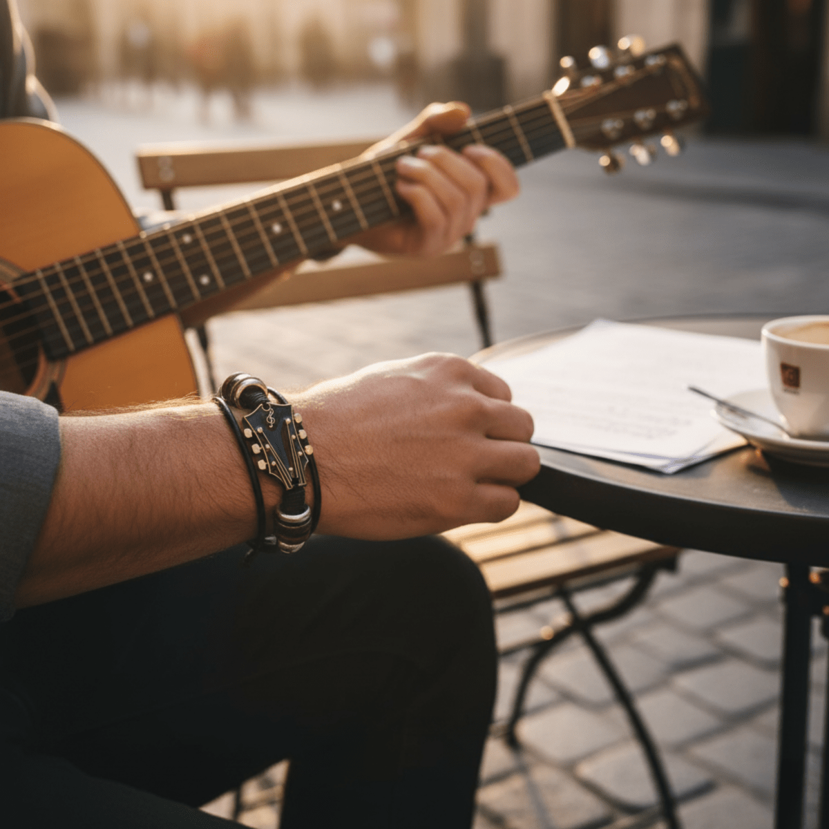 Høykvalitets lærarmbånd unisex, med gitar-design og justerbar passform for alle håndledd.