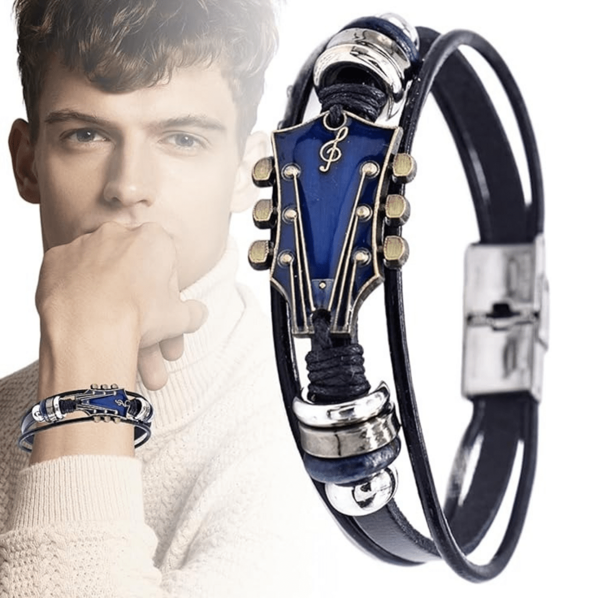 Trendy unisex lærarmbånd med gitar-tema, justerbart moteaccessorie. Finnes i flere farger.