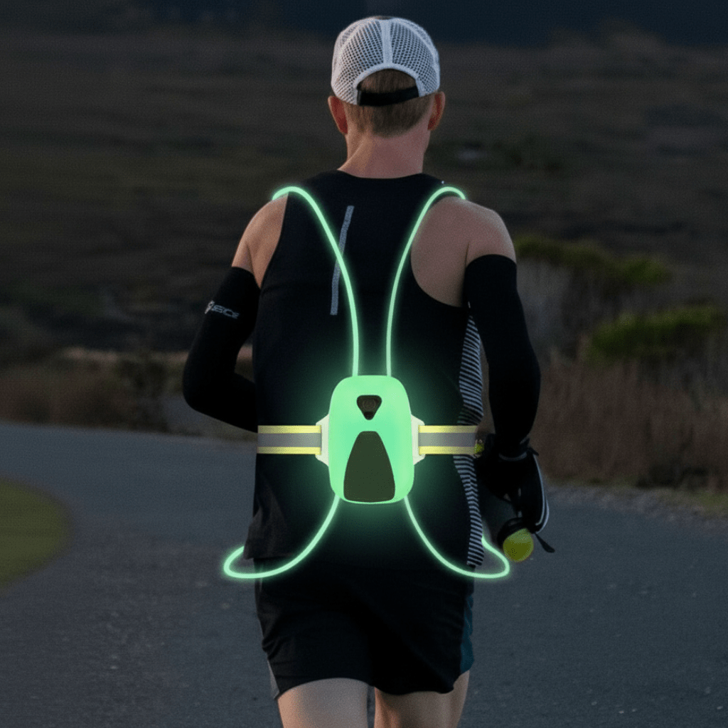 Refleksvest med LED-lys for økt synlighet i mørket, ideell for løping, sykling og tur. Unisex design.