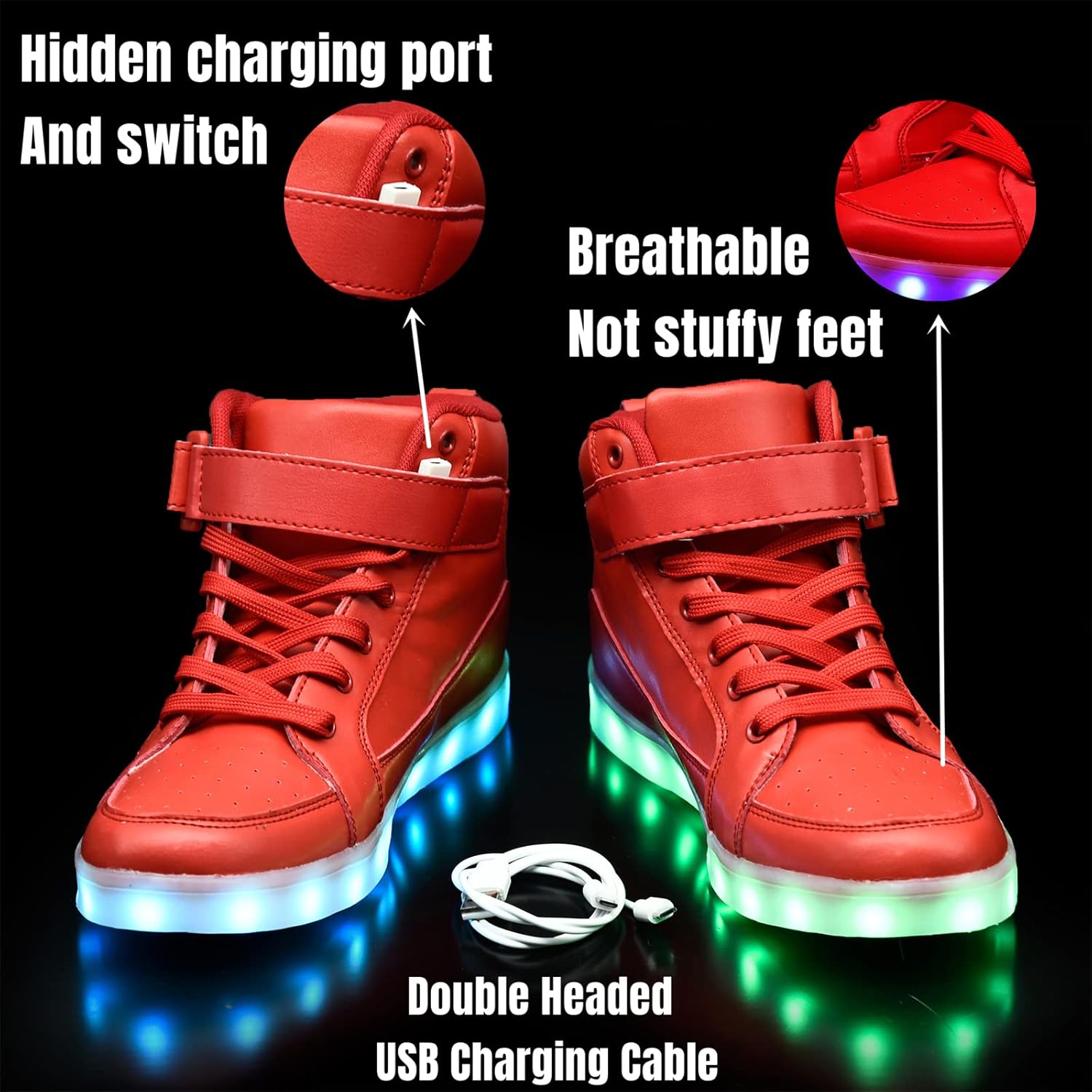 En person går i mørket iført unisex LED sneakers, skaper en dynamisk lyseffekt. Perfekte lyssko.