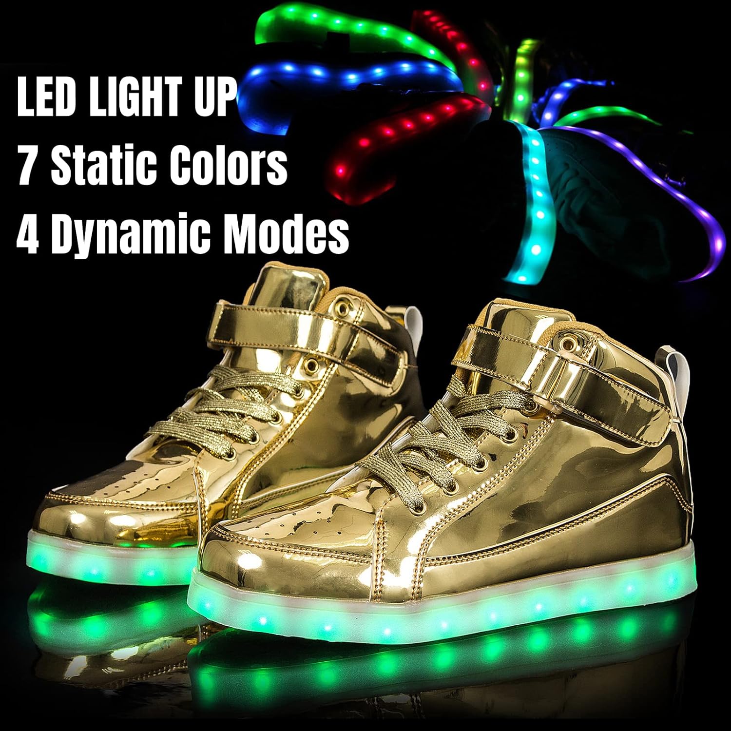 En gruppe ungdommer danser iført fargerike LED sneakers, understreker festsko-aspektet.