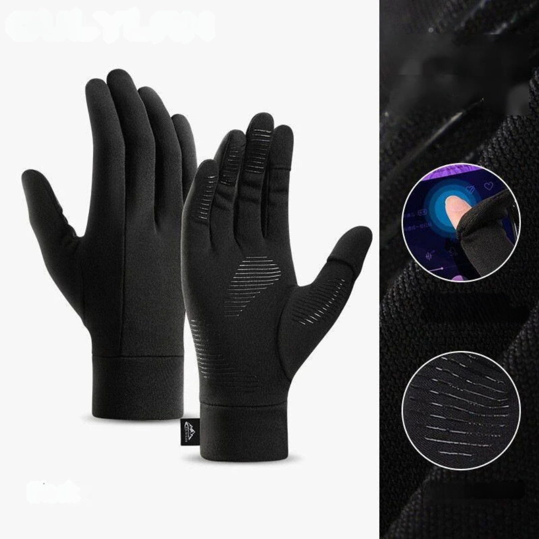 Nærbilde av unisex lettvekts vinterhansker med touchscreen-kompatible fingertupper, perfekt for mobilbruk.