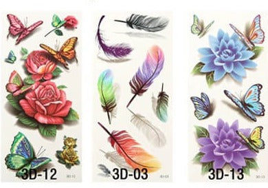 Diverse midlertidige tatoveringer; pakke med ulike design for kroppskunst og festivalbruk.