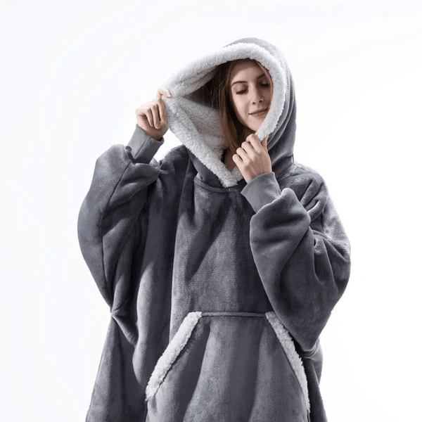 Varmt unisex hettegenserteppe som et stort pledd, ideelt for kalde vinterkvelder og hygge.