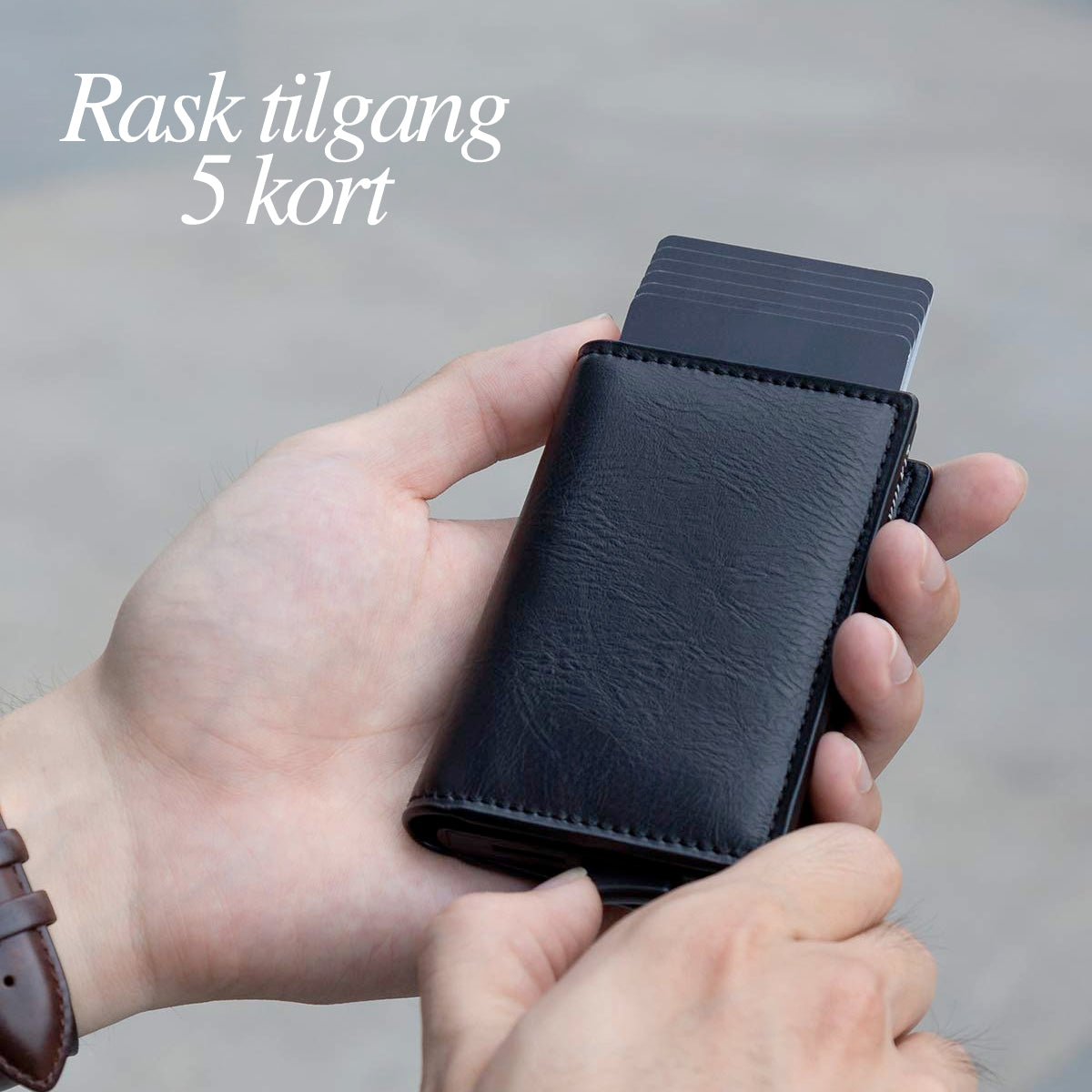 Minimalistisk RFID lommebok i skinn, pop-up funksjon for rask tilgang til kort