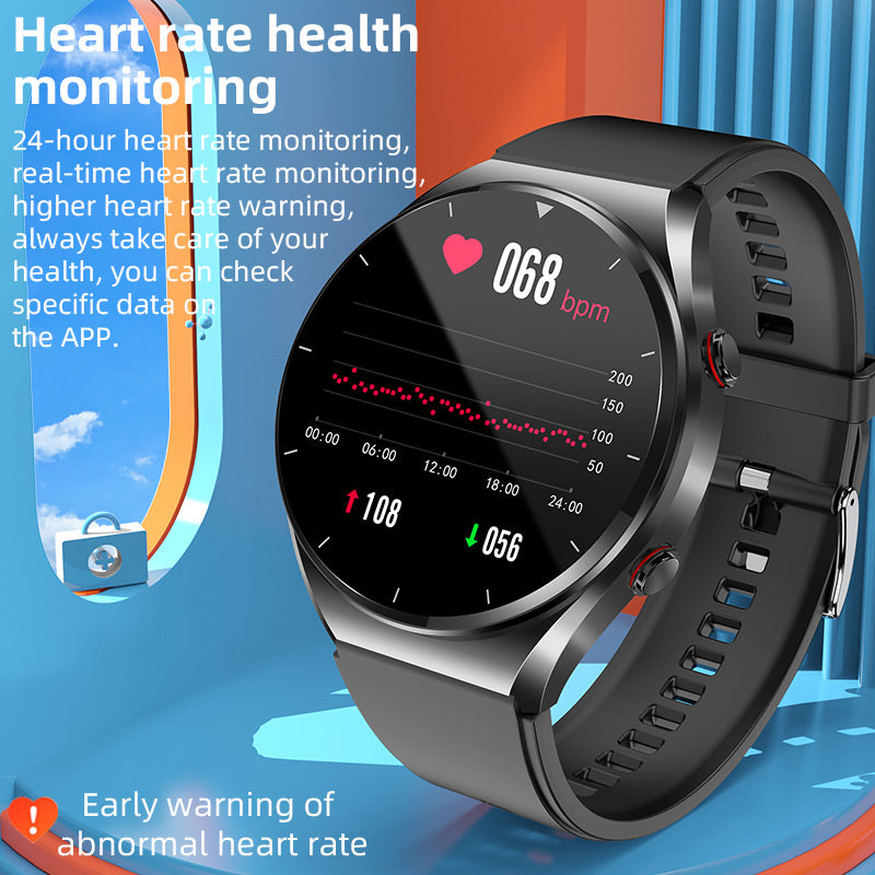 Helseovervåkingsklokke med EKG, blodsukker, puls, og hjertefrekvensvariabilitet (HRV).