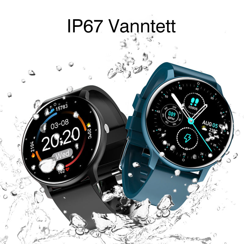 Kvinne sjekker treningsstatistikk på sin digitale unisex smartklokke etter en sporty aktivitet.