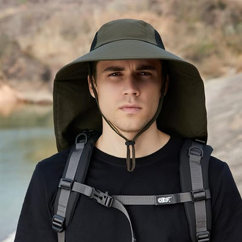 Praktisk fiskehatt med nakke-/ansiktsklaff. Ideell turhatt, solhatt og hodeplagg for camping og reise.